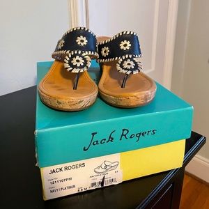 Jack Rodgers navy and gold wedge sandals
